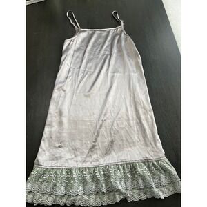 Vintage Silk Blend Lace Trim Slip Dress Grey Sage Green Straps Mini Chemise S/M
